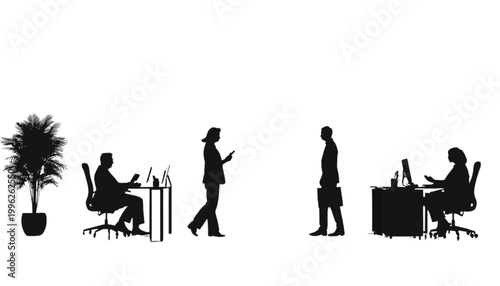 Employees work in a bright modern office space while colleagues walk between desks during the workday.