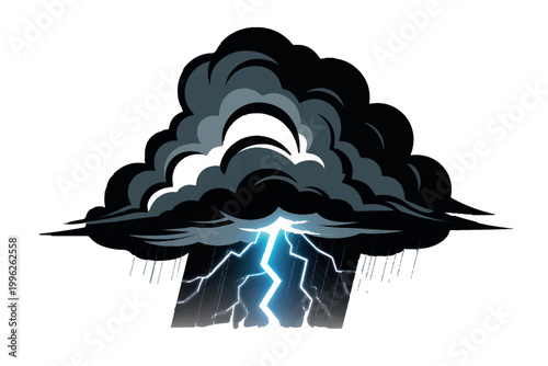 Dark storm clouds with bright blue lightning bolt and falling rain isolated on white background depicting powerful weather force element.