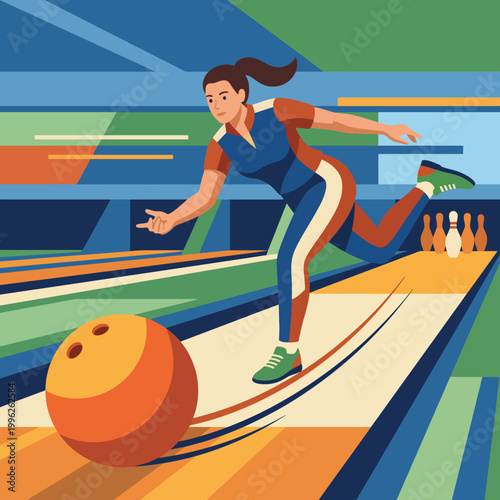 This vibrant vector illustration captures the energetic motion of a bowler in action, showcasing the dynamic movement of bowling amid a colorful and lively bowling alley atmosphere.