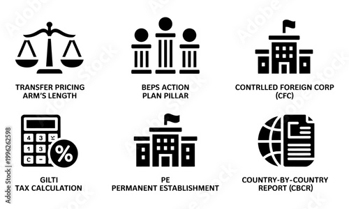 Black icons of business and finance concepts  transfer pricing arms length beps action plan pillar controlled foreign corp gilti tax calculation permanent establishment countrybycountry report