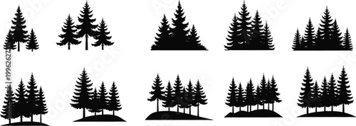 Pine tree silhouettes collection, forest landscape vector set, evergreen trees icons, nature woodland illustration, black isolated design elements for scenery