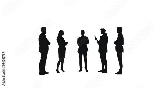 Professionals stand in a circle to discuss corporate strategy during a formal meeting session.
