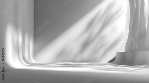 Soft light streams through a studio background creating abstract shadow patterns