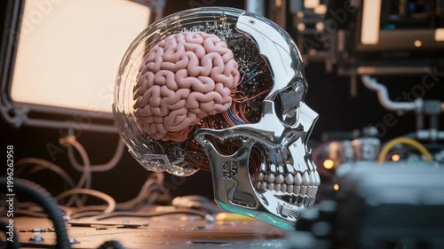 Chrome robotic skull with exposed human brain, circuit board and colorful wires in dark tech lab. Cinematic AI concept for technology, science and futuristic projects.