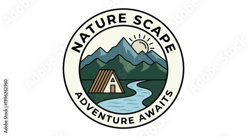 A beautifully crafted logo depicting a serene nature scene with mountains, a river, and a cozy cabin, symbolizing adventure and the great outdoors that awaits eager travelers.