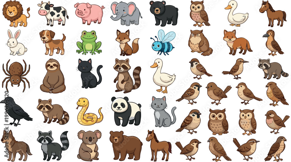 Obraz premium Cartoon vector illustration of assorted colorful animals including lion, cow, pig, elephant, bear, rabbit, frog, and fox
