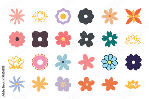 Minimal Flat Flower Icon Set Collection Isolated on Gray Background, Colorful Floral Vector Pack