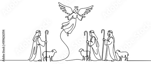 Continuous one line drawing of an angel appearing to shepherds. Minimalist nativity scene vector illustration. Biblical Christmas story graphic isolated on white background