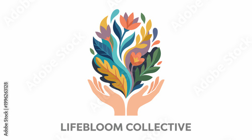 An inspiring logo featuring hands cradling vibrant flora, representing growth, community, and support in a collective focused on wellness and natural beauty.