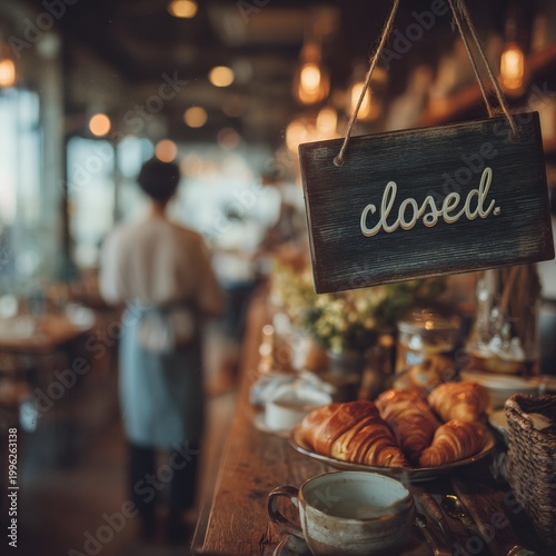 A coffee shop displays a closed sign with pastries and coffee cups on the counter