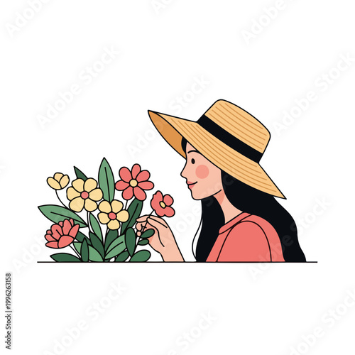 Woman smelling colorful flowers in a garden. Spring nature and hobby concept. Flat design graphic