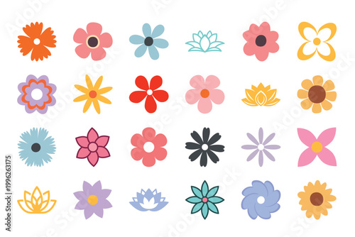 Minimal Flat Flower Icon Set Collection Isolated on Gray Background, Colorful Floral Vector Pack