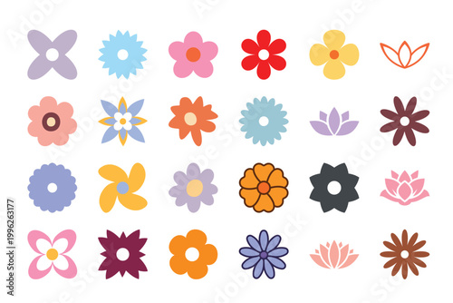 Minimal Flat Flower Icon Set Collection Isolated on Gray Background, Colorful Floral Vector Pack