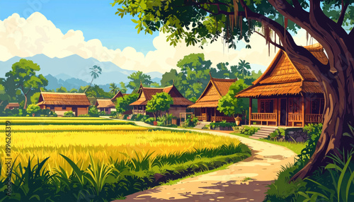 Wooden settlement aligned near paddies beneath a monumental forest tree. Cozy village residences framed by roots, sunlight, and leafy shelter. Agrarian neighborhood artwork with cabins, pathways,