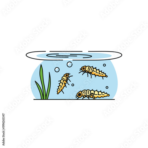 Insect larvae swimming underwater with aquatic plants. Nature and biology life cycle concept. Flat design line art isolated on white