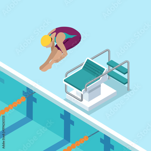A focused swimmer poised for a dive from the starting block beautifully captures the anticipation and skill involved in competitive swimming and aquatic sports activities.