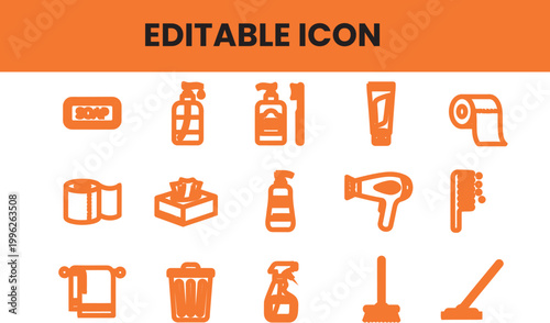 Orange icons of bathroom and cleaning supplies, isolated on white