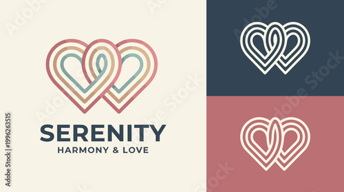 Two interlocking hearts symbolize serenity, harmony, and love, presented in a minimalist design that captures a feeling of connection and emotional unity.