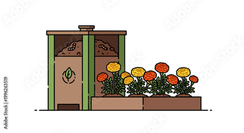 Colorful illustration of a garden shed with flowers