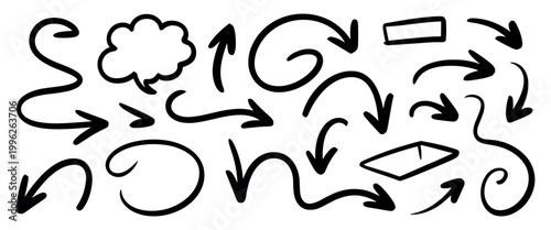 Hand drawn black ink arrows and speech bubble doodle set with various curved shapes and pointing directions on a plain white background for and annotation markers