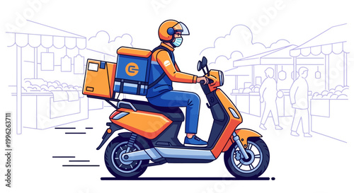 Delivery rider on scooter with box, food delivery concept