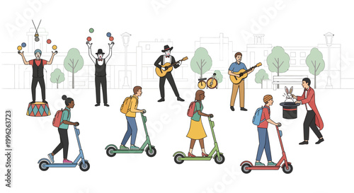 people riding electric scooters in city with musicians performing