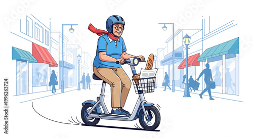 man riding electric scooter with basket on city street