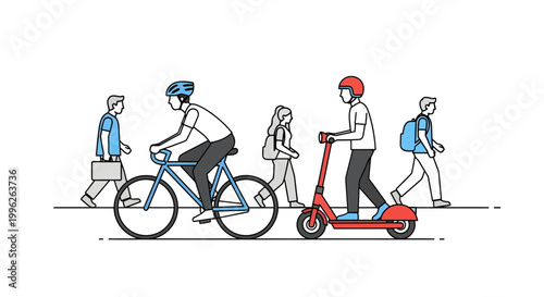 People riding bicycle and electric scooter in city