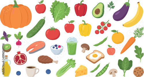 Cartoon vector illustration of assorted colorful foods including fruits, vegetables, proteins, beverages, and healthy snacks