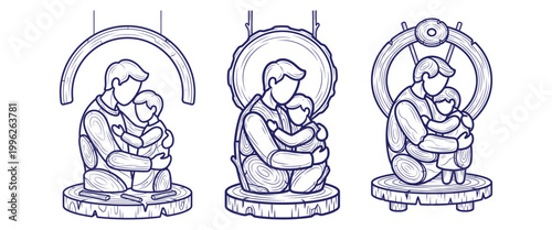 Wooden sculpture depiction of father embracing child carved from log textures for family bond and woodcraft art concept.