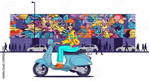 Woman riding scooter past colorful urban street art mural