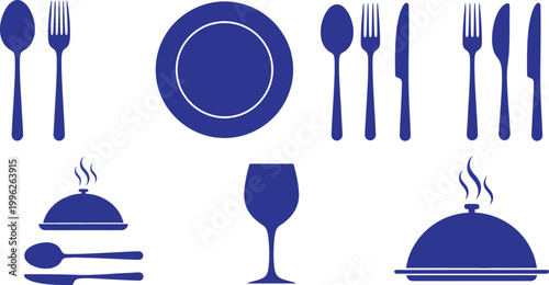 Blue silhouette tableware set plates cutlery and serving dishes