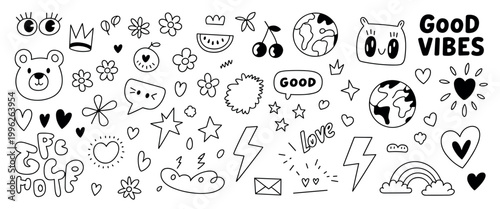 Hand drawn doodle set featuring black and white of bears flowers hearts stars lightning bolts cherries globes rainbows and text bubbles with the words good vibes and love on a white background