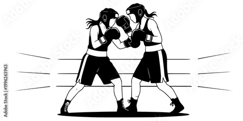 Women's Boxing Clinch Silhouette Vector - Female Fighters Active Pose