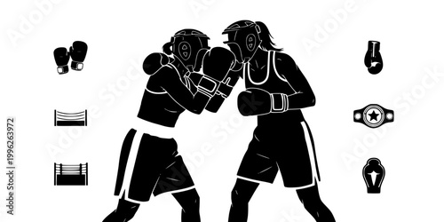 Women's Boxing Clinch Silhouette Vector - Female Fighters Active Pose