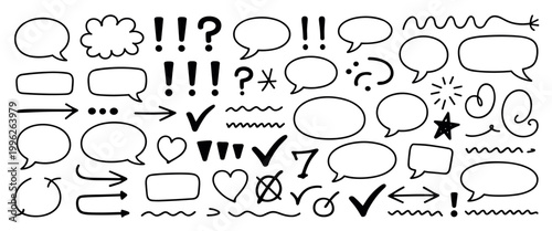 Hand drawn collection of black speech bubbles arrows check marks hearts exclamation points question marks and various doodle symbols isolated on a white background for annotation and messaging