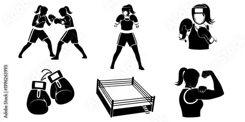 Women's Boxing Clinch Silhouette Vector - Female Fighters Active Pose