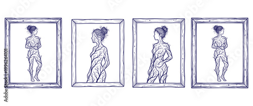 Artistic framed portraits of women with a stylized tree-like skin, symbolizing nature and human form connection.
