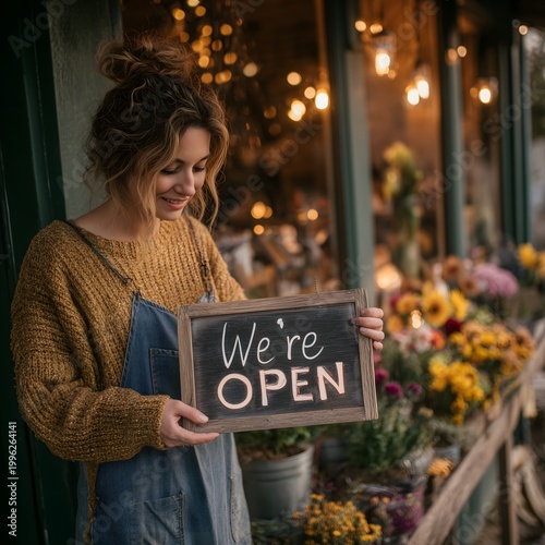 A friendly business owner proudly holds a sign indicating the store is open for customers