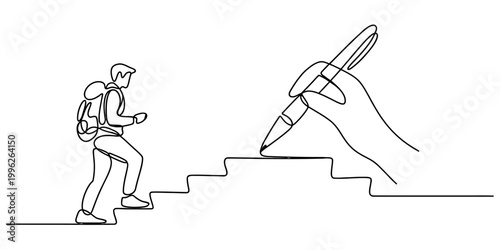 One line drawing of a person with backpack climbing stairs while a hand draws the stairs with a pen Vector, illustration