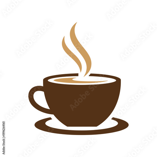 Brown coffee cup with steam rising on saucer steaming