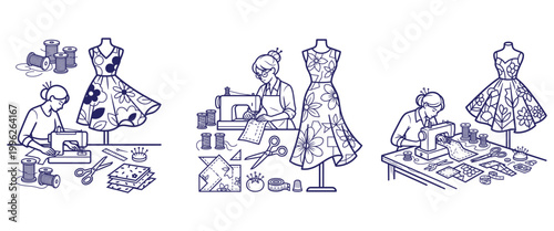 Tailoring process illustration featuring seamstress working with sewing machine and beautiful floral dress on mannequin.