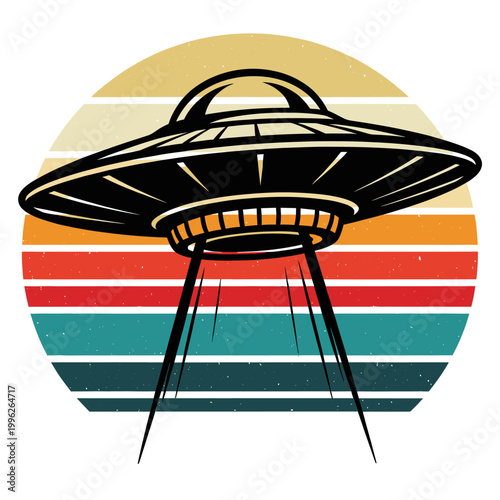 Retro UFO flying saucer illustration. Vintage sunset background graphic. Alien spacecraft science fiction art. 80s style space travel design.