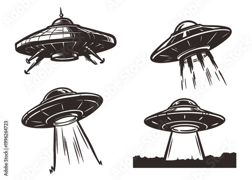 Vintage UFO illustration set. Retro flying saucer vector graphics. Alien spacecraft with light beams. Sci-fi mystery paranormal concept art.