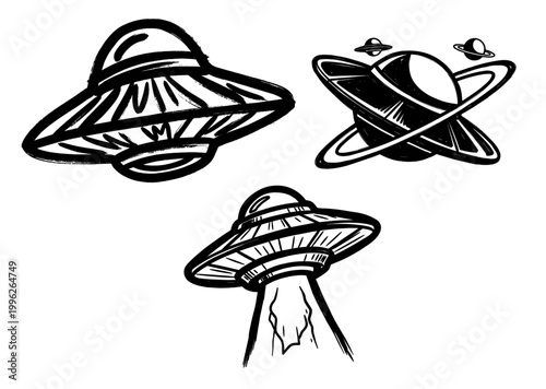 Hand drawn UFO and planet sketches. Flying saucer and Saturn line art icons. Space doodle vector illustration. Extraterrestrial design elements.