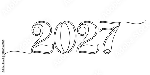Continuous single line drawing of the year 2027 as a creative minimalist text design for new year celebration and holiday greeting card Vector, illustration