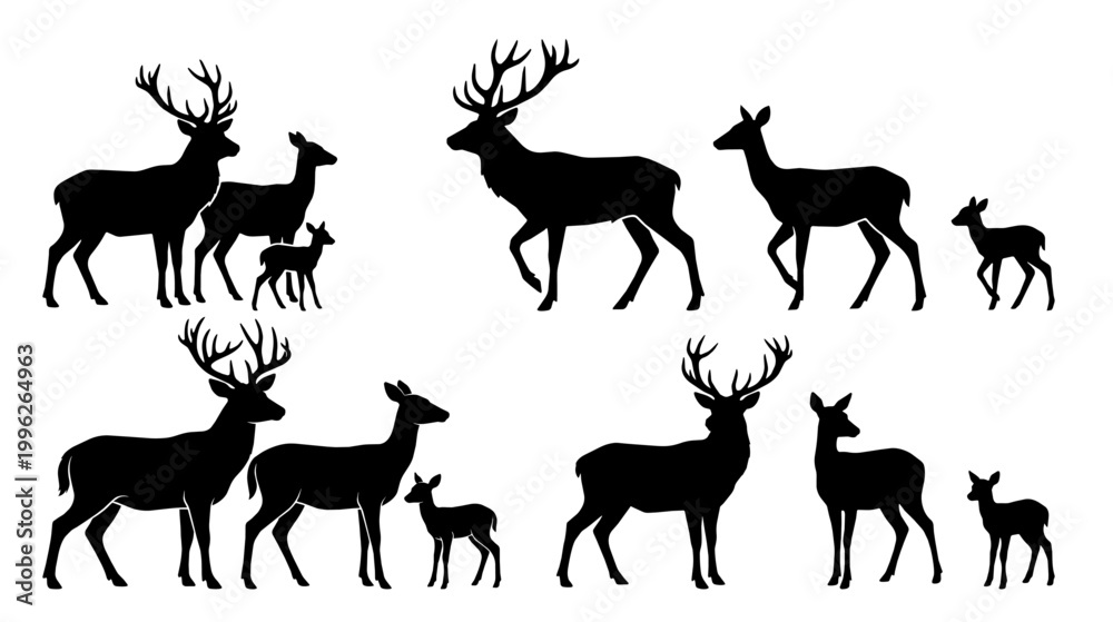 Fototapeta premium Deer silhouettes standing and walking on white background. Several stag and doe figures form groups creating bold graphic contrast and a calm mood.