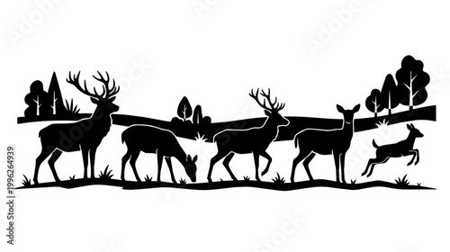 A herd of deer crosses a grassy meadow with rolling hills. Silhouetted stags and does graze and bound in soft evening light.