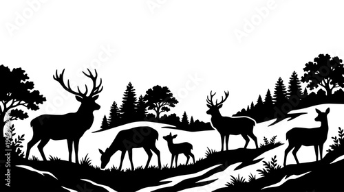 Herd of deer grazing in a forest clearing. Silhouettes on rolling hills convey peaceful twilight mood.