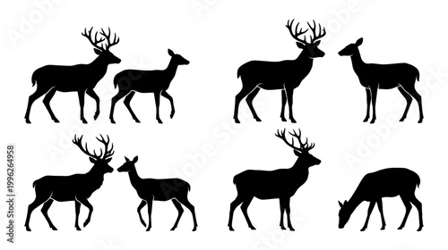 Deer silhouettes standing and walking against a white studio background. High contrast black shapes create a graphic minimalist composition conveying calm.